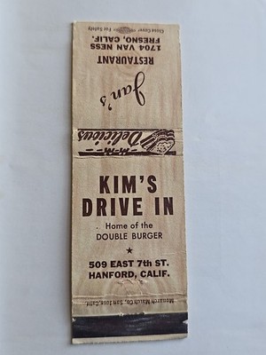 Vintage Matchbook Cover Kims Drive In Hanford Calif & Jan's Fresno California 