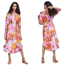 Maeve Anthropologie Jessamine Dress Mock Neck Abstract Orange Pink Purple Large