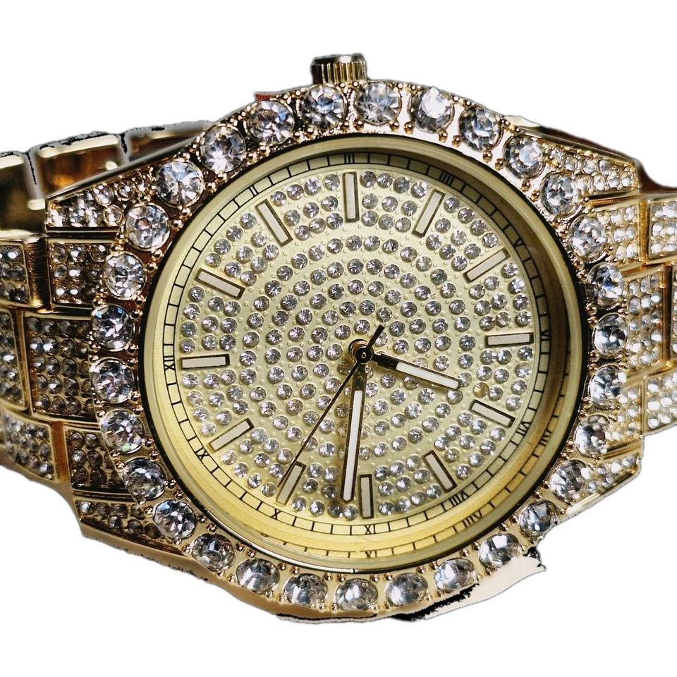 Techno Pave Gold Tone 42mm & Gold Face Band Studded Faux Diamond Mens Watch - Image 4 of 4