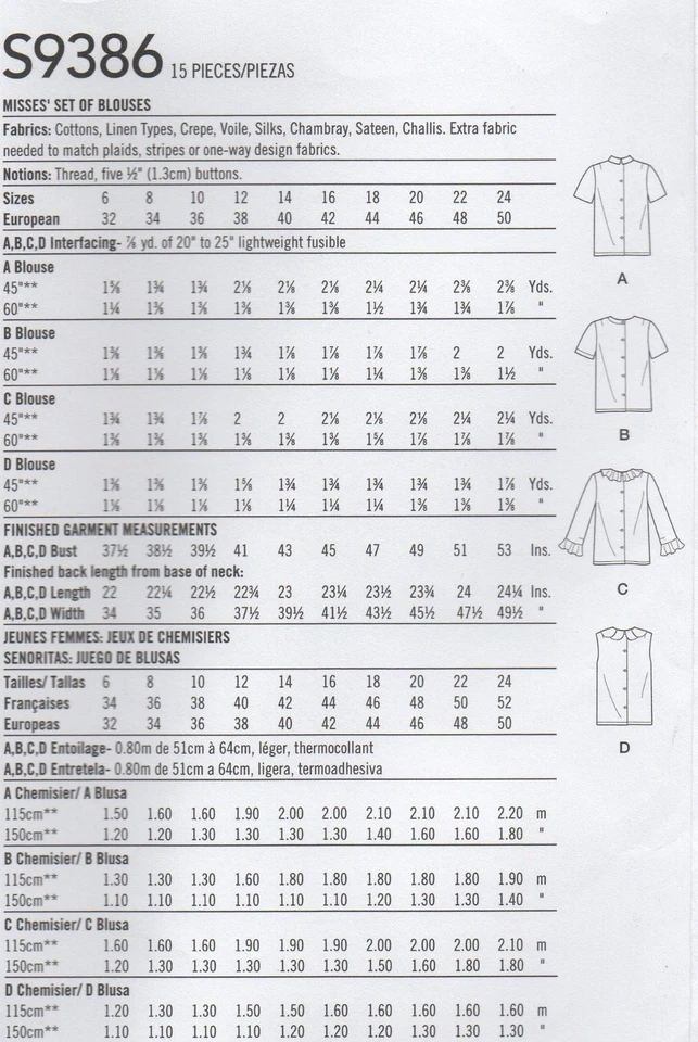 Simplicity Sewing Pattern 9386 Blouse Top Button Back Vintage 60s Sz 16 - 24 New - Image 3 of 4