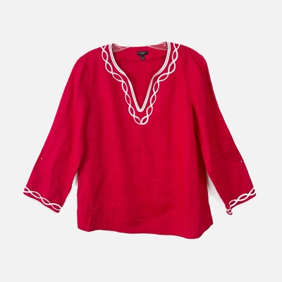 TALBOTS Red Embroidered 3/4 Sleeve Linen Blouse Tunic Beach Coastal SMALL Petite
