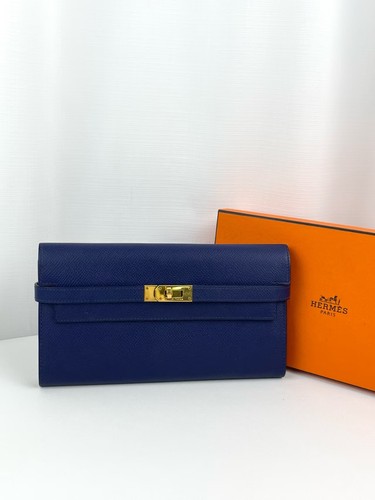 AUTH Hermes Kelly Long Wallet Blue Leather Gold Hardware Bag special price