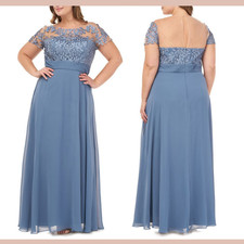 NWD JS Collections  14W  Floral Embroidered Chiffon Gown in Blue S2054