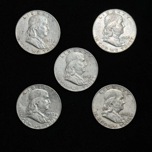5 Lot - 1963 D Franklin Half Dollars in Good Condition 90% Silver 50 Cent Pieces