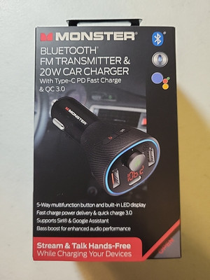 Monster Bluetooth FM Transmitter, 20W QC3.0 USB and Type-C PD Fast Charge (Car)