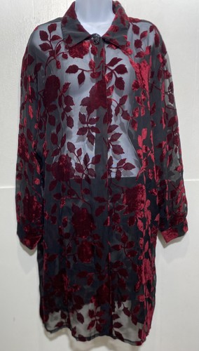 Jessica Howard Jacket Womens 18 Red Sheer Velvet Burnout Floral Duster Made USA - Picture 3 of 12