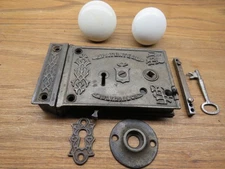 RIM/SURFACE  LOCK NICE WHITE DOOR KNOBS/KEY AND ESCUTCHEON