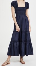 Tory Burch Navy Smocked Maxi Dress Square-Neck Short Blouson Sleeve Tiered Sz XL