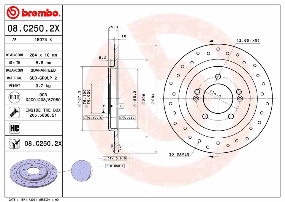 2x BRAKE DISC 08.C250.2X FOR HYUNDAI i40/CW/Kombi/Van D4FD 1.7L G4FD 1.6L 4cyl - Image 2 of 4