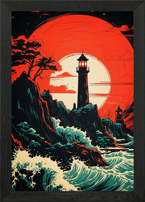 Lighthouse Under Red Moon Framed Wall Art Poster Canvas Print Picture