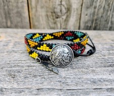 Handmade Southwestern Beaded Leather Wrap Bracelet  Boho Native Style Gift for