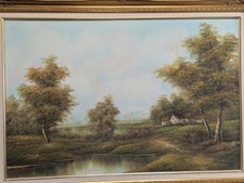 Grande dipinto olio su tela originale d'epoca paesaggio rurale firmato Enberdy