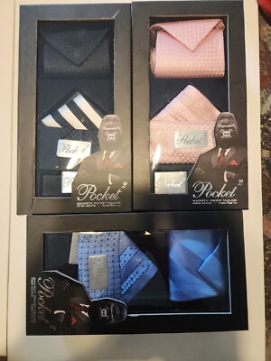 3 SETS Magnetic Pocket Square By Pocket 2 Shark BLACK,PINK,BLUE. TIE AND SQUARES