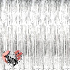 4 Pack Silver Fringe Curtain Backdrop 3.2Ft x 9.8Ft Metallic Tinsel Foil Frin...