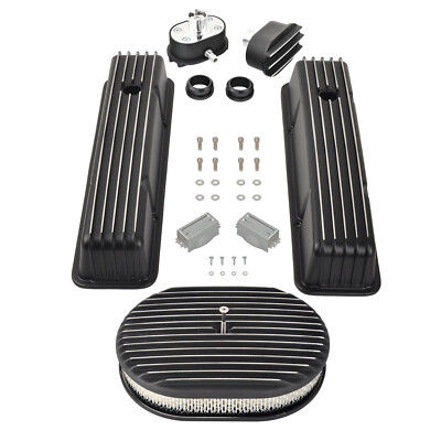 For SBC Chevy 350 400 58-86 Finned Tall Valve Cover & 12'' Air Cleaner & Breather