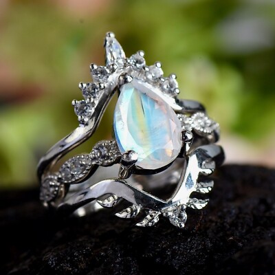 NATURAL MOONSTONE, MOISSANITE STACK RHODIUM