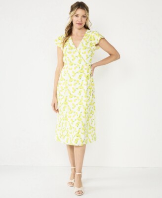 New DRAPER JAMES RSVP Flutter Sleeve LEMON Wrap Midi Dress SMALL  