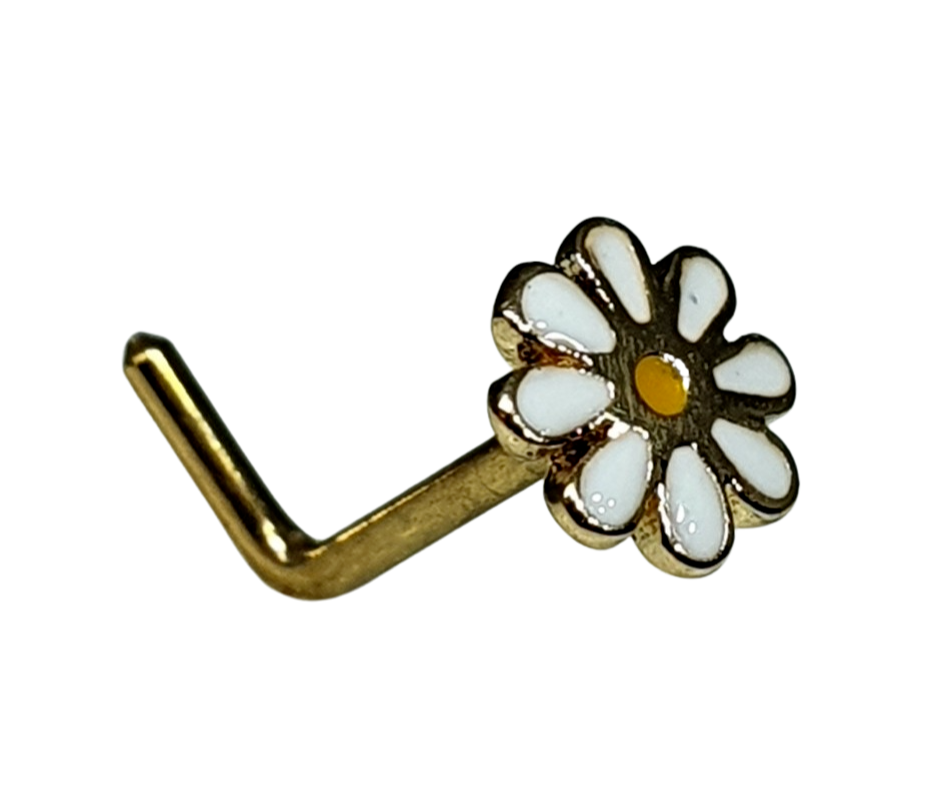 Daisy Nose Stud Flower Enamelled 20g (0.8mm) 316L Steel Gold L Bend Pin Stud