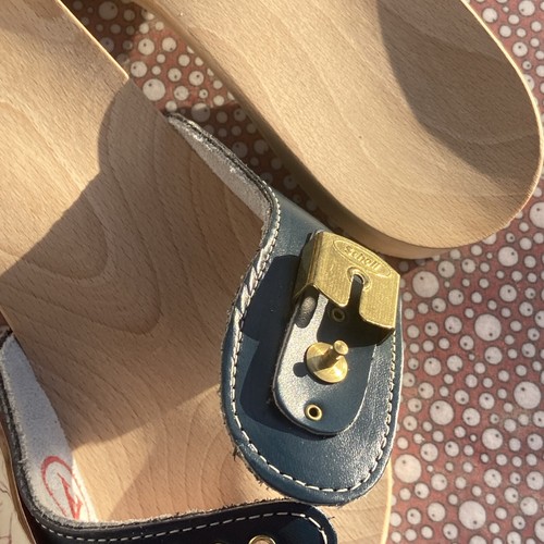Vtg 70s Dr Scholls Blue Leather Wood Exercise Sandals Shoes NEW WITH BOX SZ 8 - Picture 8 of 12