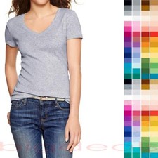 Basic V-Neck T Shirt Solid Color Plain Top Stretch Layer Fitted Women Blank 3009