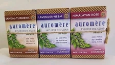 AUROMERE 3 Bar Soap Set SANDAL-TURMERIC LAVENDER-NEEM HIMALAYAN ROSE 2.75oz each