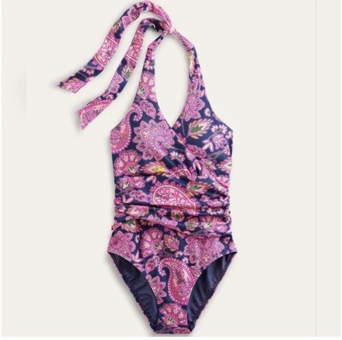 Boden Levanzo Ruched Halter One Piece Swimsuit Sz 6R Navy Paisley Terrace NWT - Picture 2 of 11