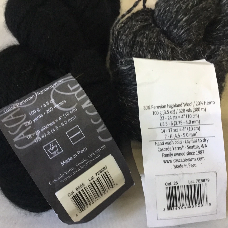 Cascade Yarn Peruvian Wool Eco Hemp Lot of 2 Hanks Gray Black - Image 3 of 3