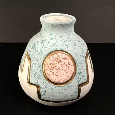 KOPA Vase Native American Pottery Pink Blue 22k Gold Arizona 3.5'' Tall