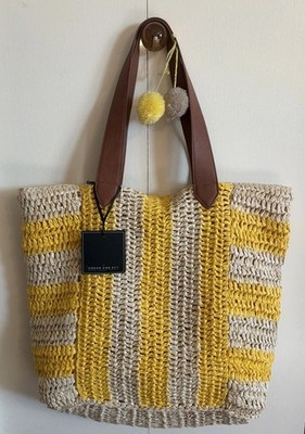  Under One Sky Large Straw yellow striped Beach tote bag*New with Tags*