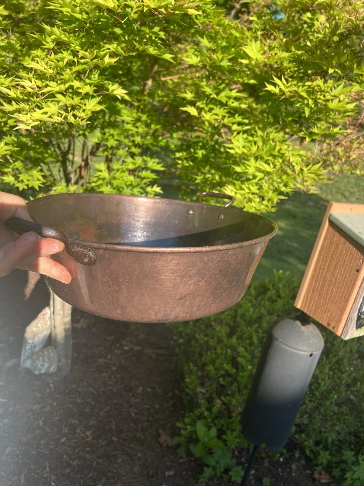 LARGE VINTAGE COPPER STOCK POT CONFITURE PAN 14 1/2” WITH HANDLES VERDIGRIS
Opens in a new window or