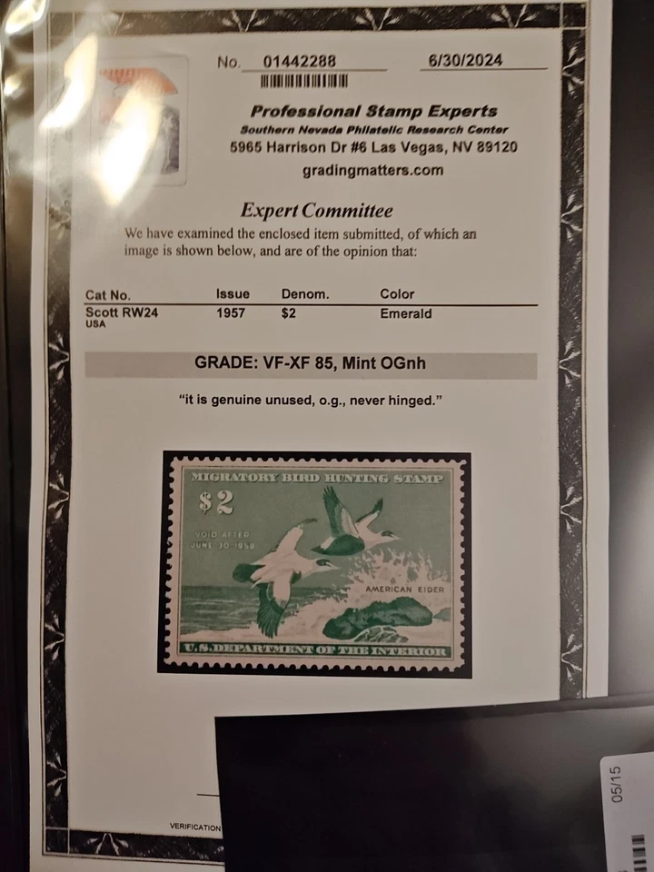 Certified By PSE-#RW24 1957 - US Federal Duck Stamp - Very Fine/Extremely Fine - Image 2 of 4