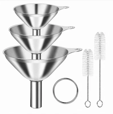 3Pc Kitchen Funnel Set Stainless Steel 2 Cleaning Brushes Food Grade No Spill - Image 1 of 4