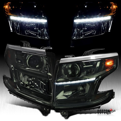 #ad Fit 2015 2020 Chevy Tahoe Suburban Smoke LED Strip Projector Headlights Headlamp $208.99