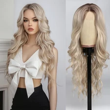 Platinum Blonde Wig - Small Front Lace Human Hair Blend  Silver White Wavy Curly