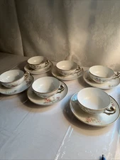 B & CO France 6 Vintage Hand Painted Cup And Saucer Set Floral Pattern