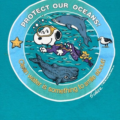 Vintage Snoopy Protect Our Oceans T Shirt XL Teal Jostens 90s USA