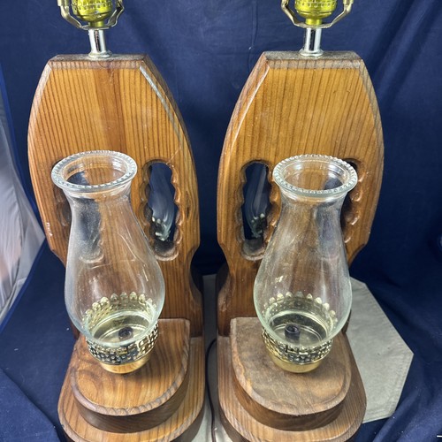 Pair of Triple Wooden Lamp Unique w/Glass Chimney 3 Settings - Tested/Working - Picture 2 of 15