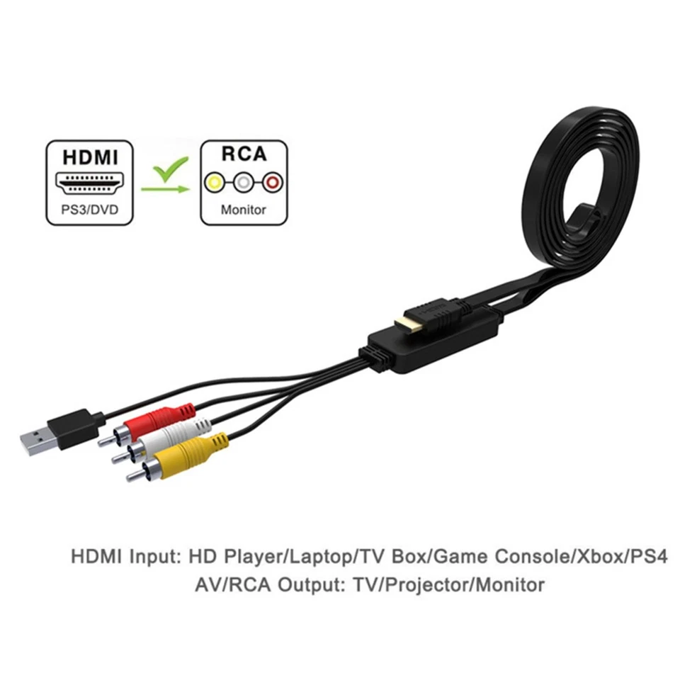 1.8m/5.9ft HDMI to 3RCA AV Converter Adapter Cable Lead USB Power For HDTV Box t - Image 4 of 4