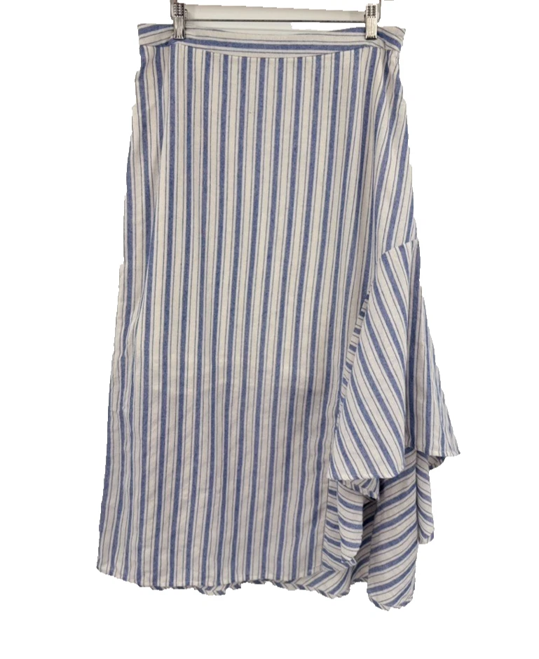 FORCYNTHIA Linen Cotton Wrap Skirt Blue White Stripe Asymmetrical Midi Size M