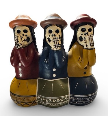 Vintage Peruvian Folk Art Colorful Day of the Dead Whistle Clay Figurine
