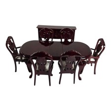 Juego de comedor mesa 6 sillas aparador 1:12 para casa de muñecas Queen Anne tono caoba
