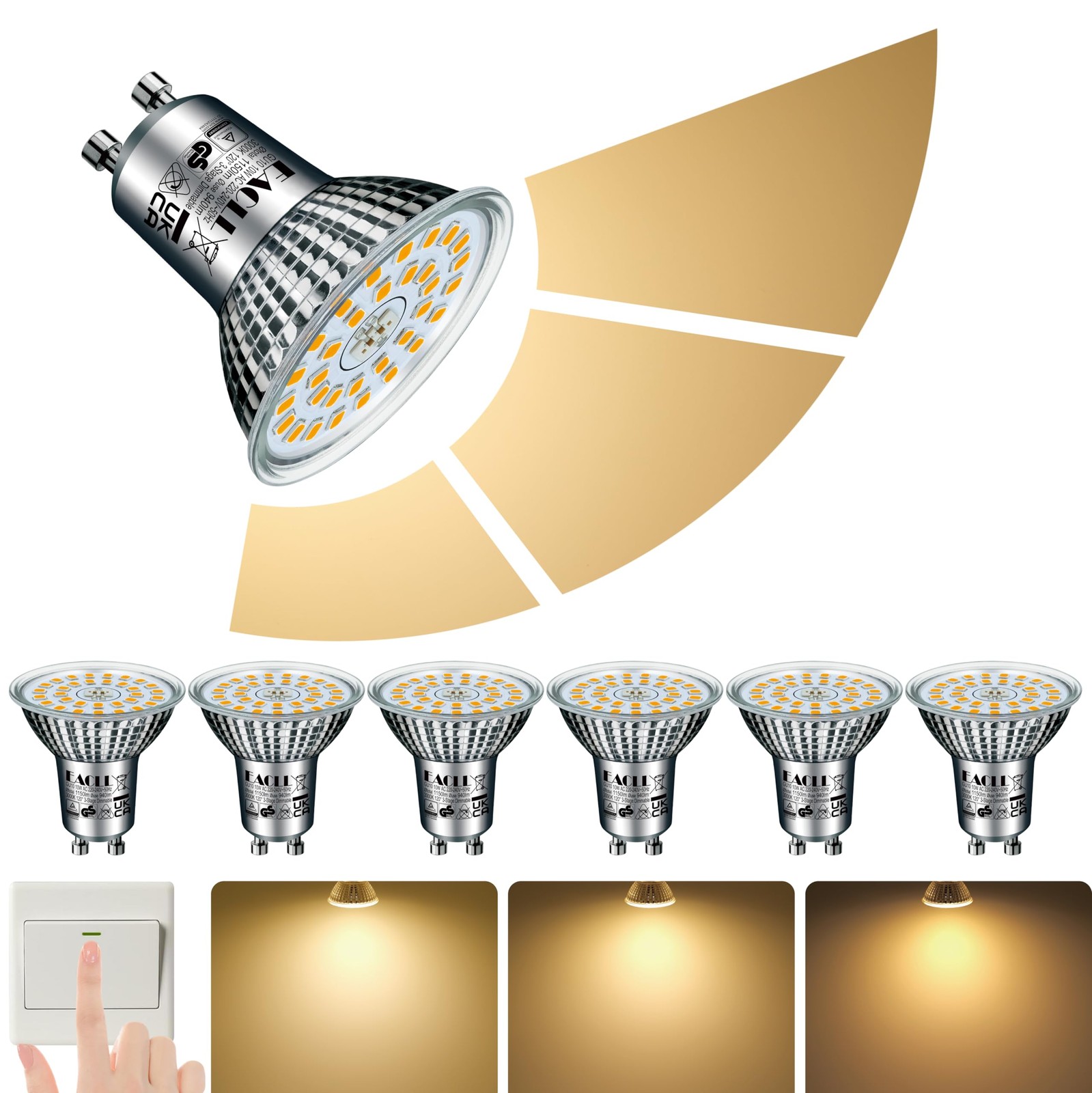 EACLL GU10 LED Bulbs 3-Step Dimmable 3-Brightness, 10W 3000K Warm White, Pack of