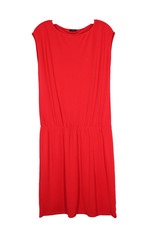 TALBOTS Stretch POLY-KNIT Sleeveless RED Gathered DROP WAIST Shift Midi Dress M