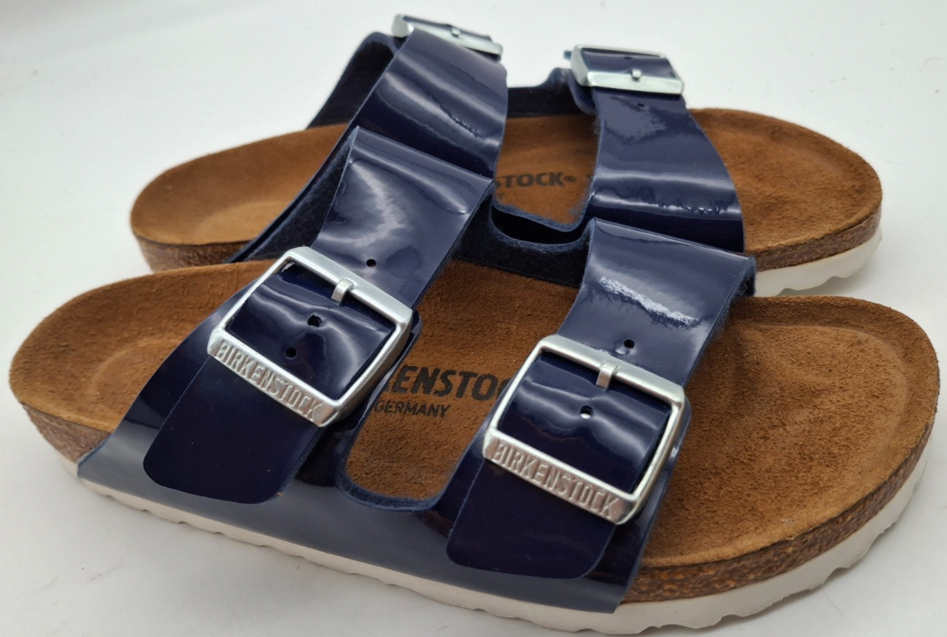 SAOLA SANDALI ARIZONA BIRKENSTOCK BLU NAVY VERNICE SUOLA BIANCA UK 4 5 EUR 37 STRETTI