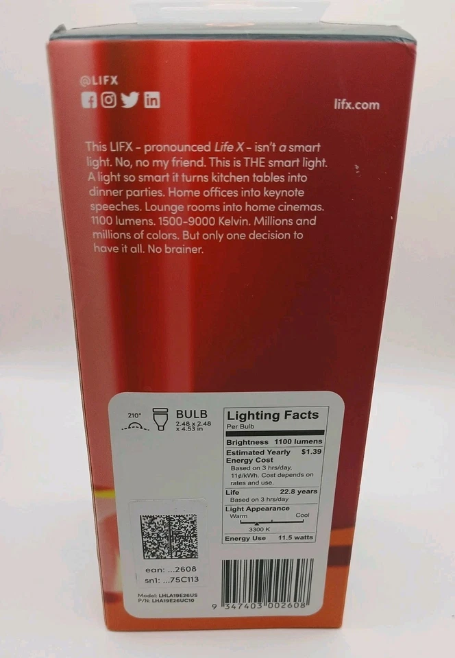 LIFX A19 RGB Multi-Color Smart Wi-Fi E26 LED Light Bulb LHLA19E26US - Image 2 of 4