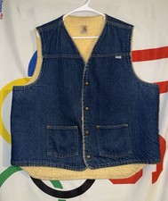Vintage Carhartt Sherpa Lined Denim Vest XLT Snap Workwear 80s 90s