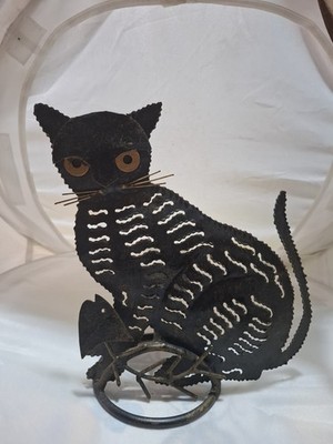 Candelabro Gatto Nero Vintage Metallo Traforato Black Cat Metal Candlestick 25cm