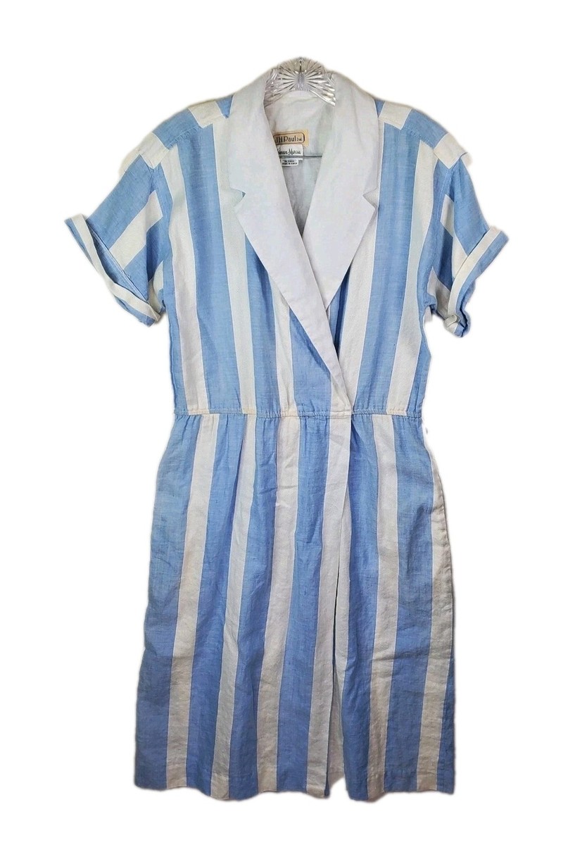 Vtg J.H. Paul ltd Blue White Stripe Chambray Dress Sz 8 Linen Cotton Midi Wrap