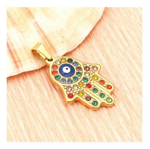 Gold Stainless Steel 304 Grade Hamsa Hand Crystal Rhinestone Evil Eye Pendant - Picture 3 of 3