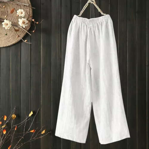 Women Cotton Linen Capri Culottes Cropped Wide Leg Elastic Waist Trousers Pants - Picture 4 of 18